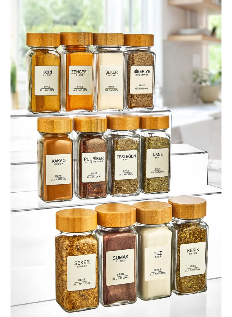Kitchen Life 12' Square Glass Spice Rack Set with Bamboo Lid / 40 Pieces with Labels / Spice Rack Set Made in Turkey - Image 2